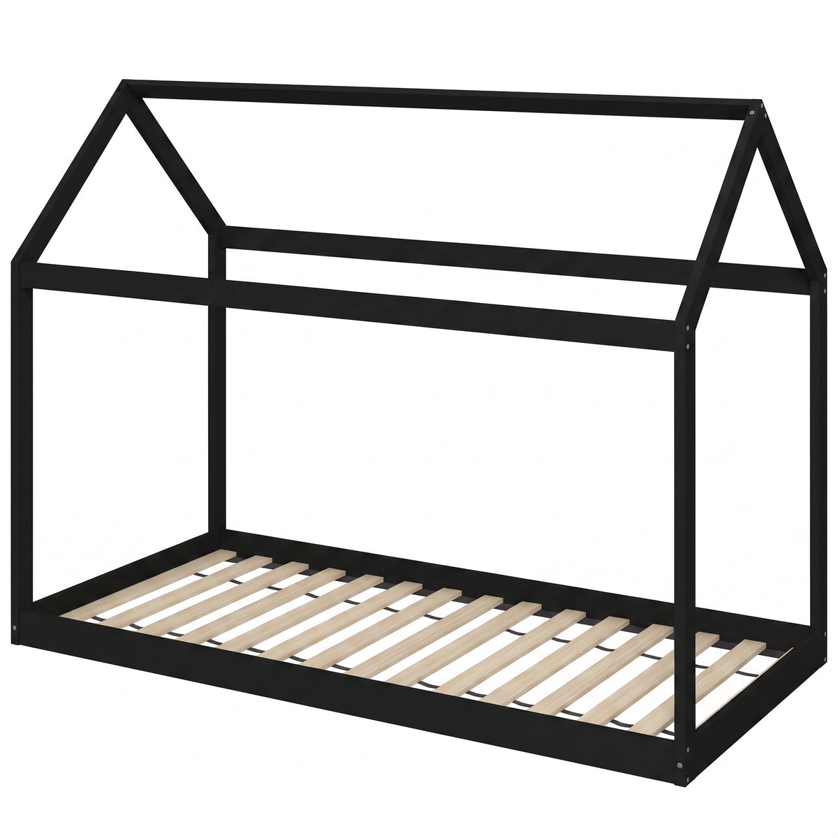 Single House Bed Frame | Pine Wood Kids Bed with Roof Frame, 15 Slats & 120 kg Capacity | 90 x 190 cm Mattress | Black