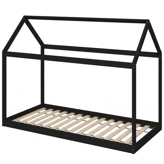 Single House Bed Frame | Pine Wood Kids Bed with Roof Frame, 15 Slats & 120 kg Capacity | 90 x 190 cm Mattress | Black