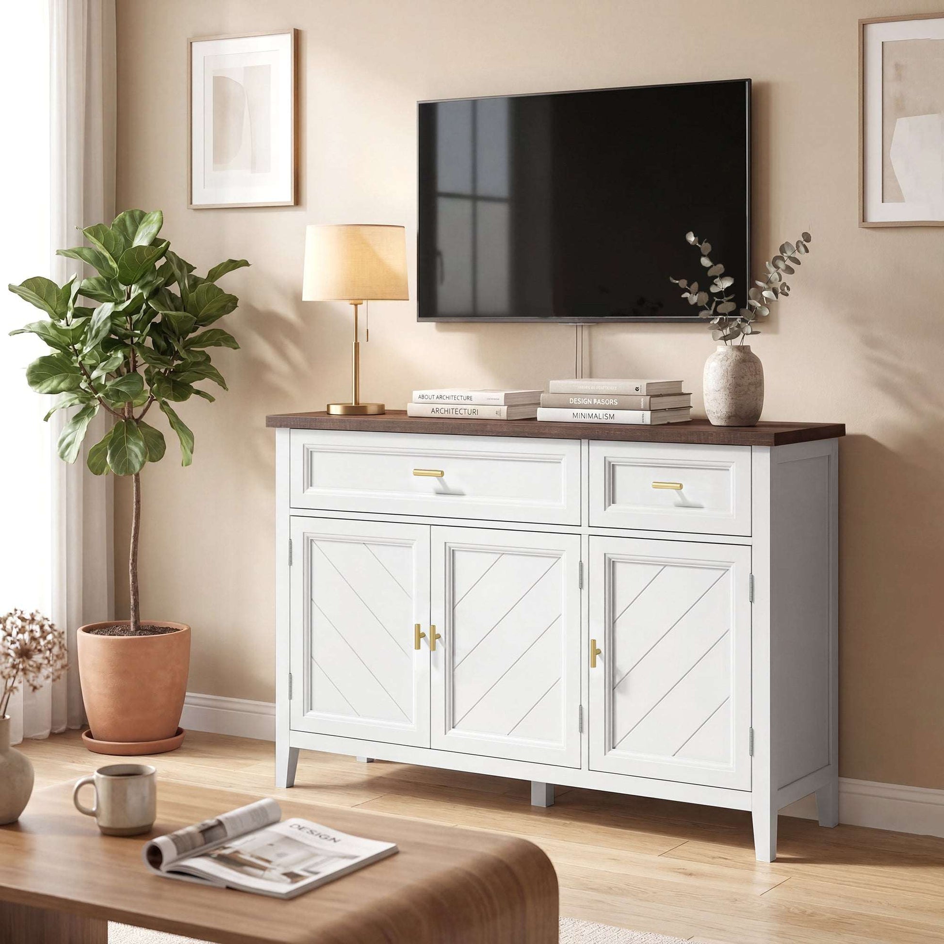Modern Sideboard | 3 Doors & 2 Drawers | 3-Position Adjustable Shelves | Gold Alloy Handles | Anti-Tipping Straps | Water-Resistant | 75kg Capacity | 110x35x80.5cm | White & Brown Wood Effect