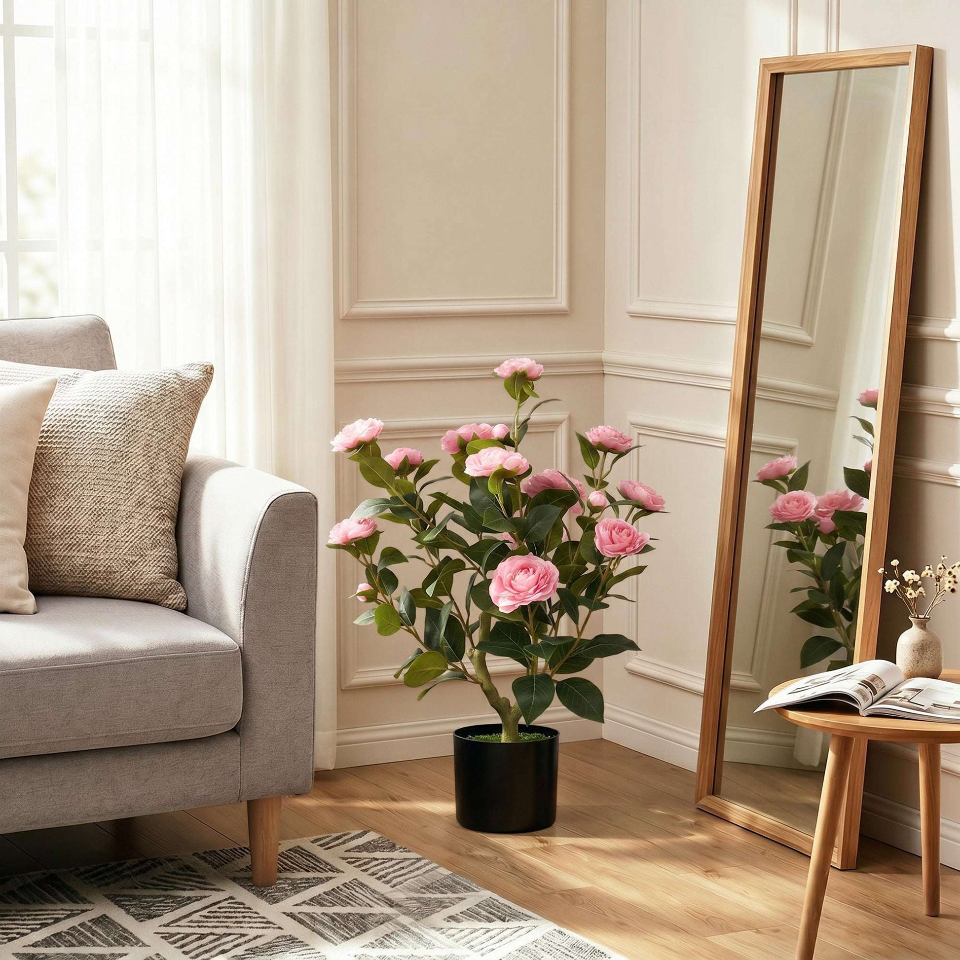 65cm Artificial Camellia Flower Plant in Pot | 116 PEVA Leaves | Silk Blossoms | Moss Effect Base | Cement-Filled Pot | Bendable Internal Wires | Maintenance-Free | Pink