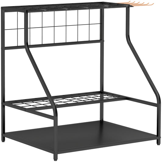 3-Tier Garden Tool Storage Rack | 20+ Tools | 5 G-Hooks & 6 Side Hooks | Adjustable Feet | Corner-Fit | Black