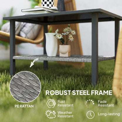 Outsunny Outdoor Rattan Coffee Table with Tempered Glass Top, Storage Shelf, Foot Pads, for Patio, Balcony, Mixed-grey
