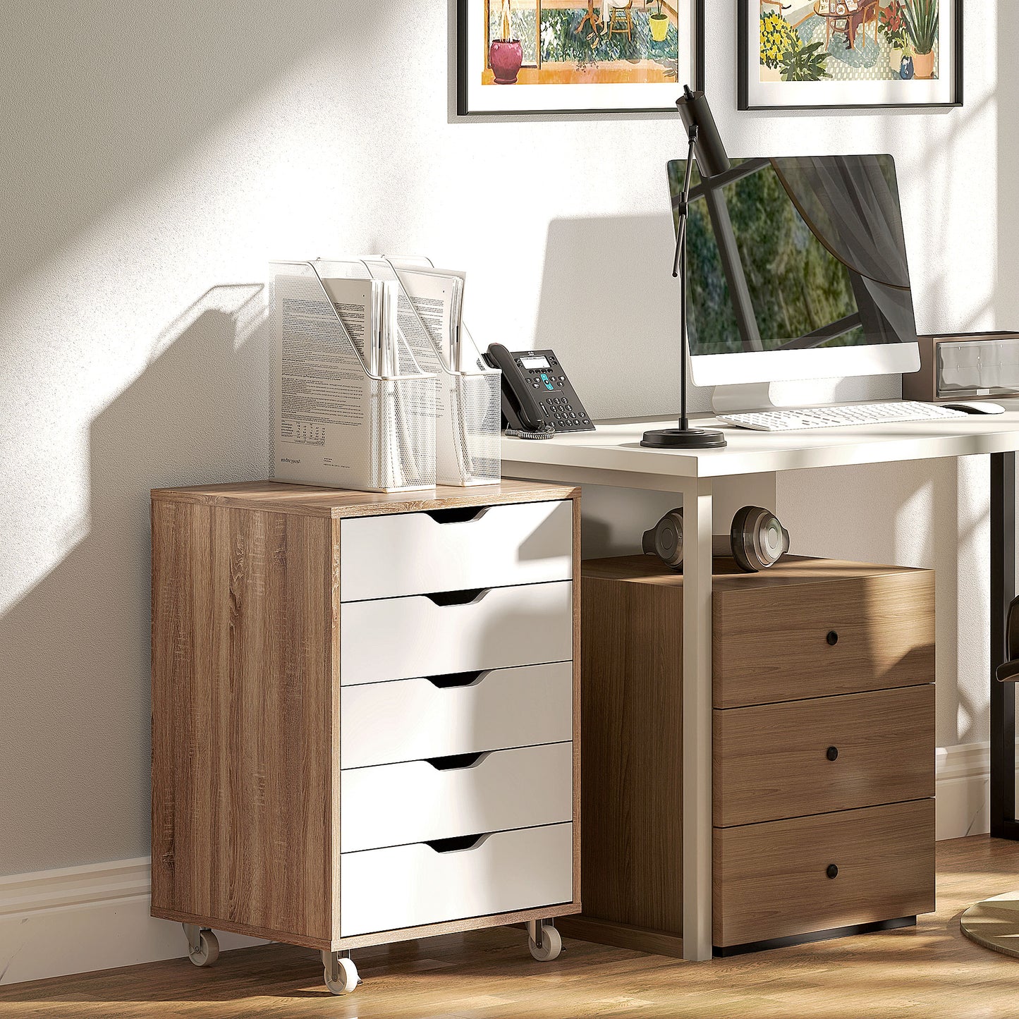 5 Drawer Mobile Filing Cabinet on Wheels | Brakes | 47.5x39.5x67.5cm | Groove Handles | Flat Top | Anti-Tip Strap | 25kg | Oak Brown