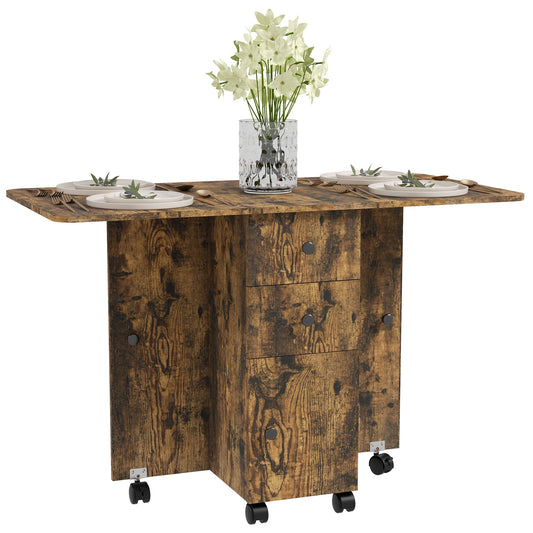 Multi-Storage Six-Person Drop Leaf Dining Table -  Rustic Brown