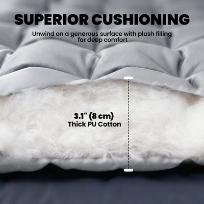 Foldable Camping Sleeping Mat | 8cm PU Foam | 200x80cm | Splash Proof Quilted | Elastic Straps | Flame Retardant | 200kg | Light Grey