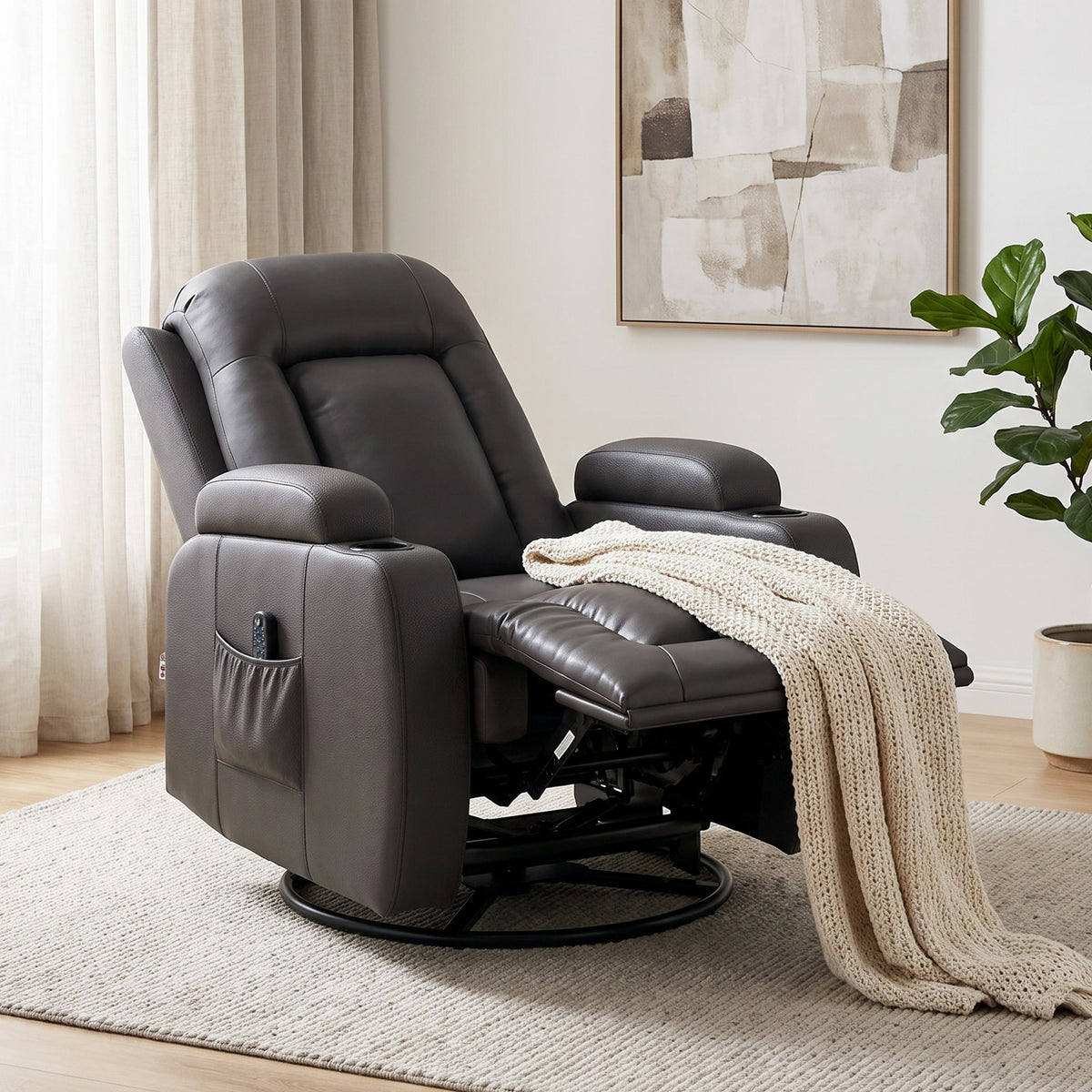 Massage Recliner Armchair | PU Leather | 8-Point Vibrating Massage | Lumbar Heat | 3 Modes & 3 Levels | Remote Control | 150° Recline | Swivel & Rocking | 2 Cup Holders & Pockets | 135kg | Dark Brown