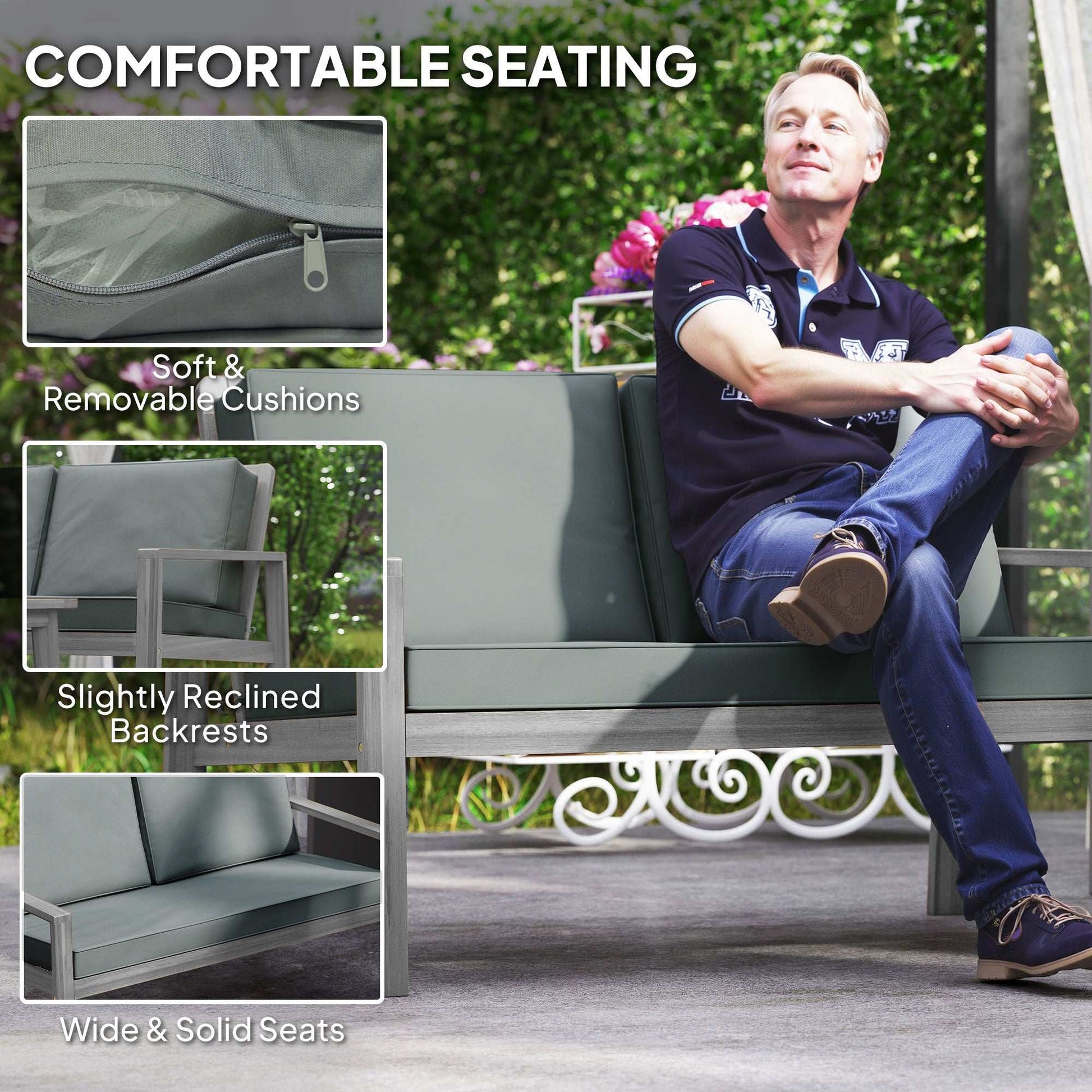 Outsunny 4-Piece Acacia Wooden Garden Furniture Set with Cushions - Light Grey