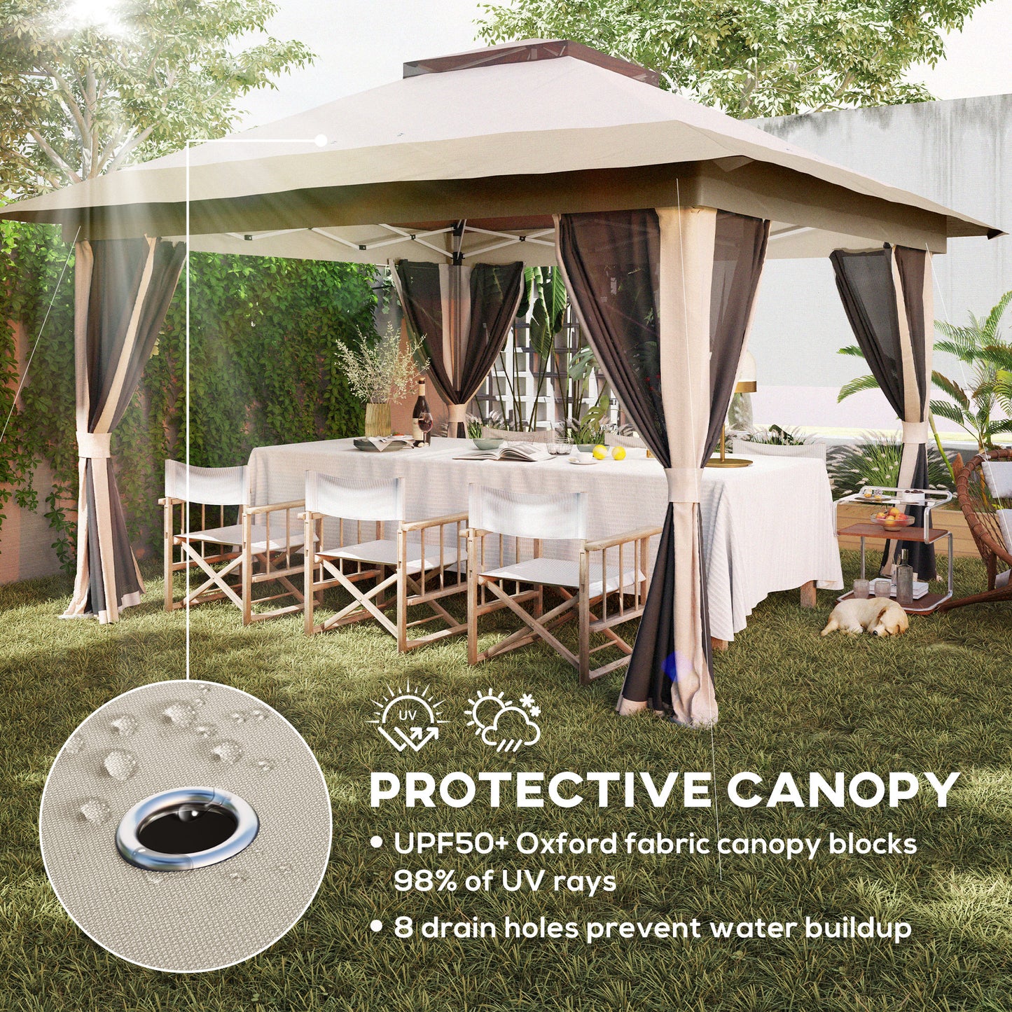 3.6x3.6m Pop-Up Gazebo | UPF50+ Oxford Fabric | Removable Mesh Walls | 3-Height Adjustment 260-280cm | 8 Drainage Holes | 4 Guy Ropes, 12 Ground Stakes & 4 Sandbags | Wheeled Carry Bag | Fits 8-12 People | Beige
