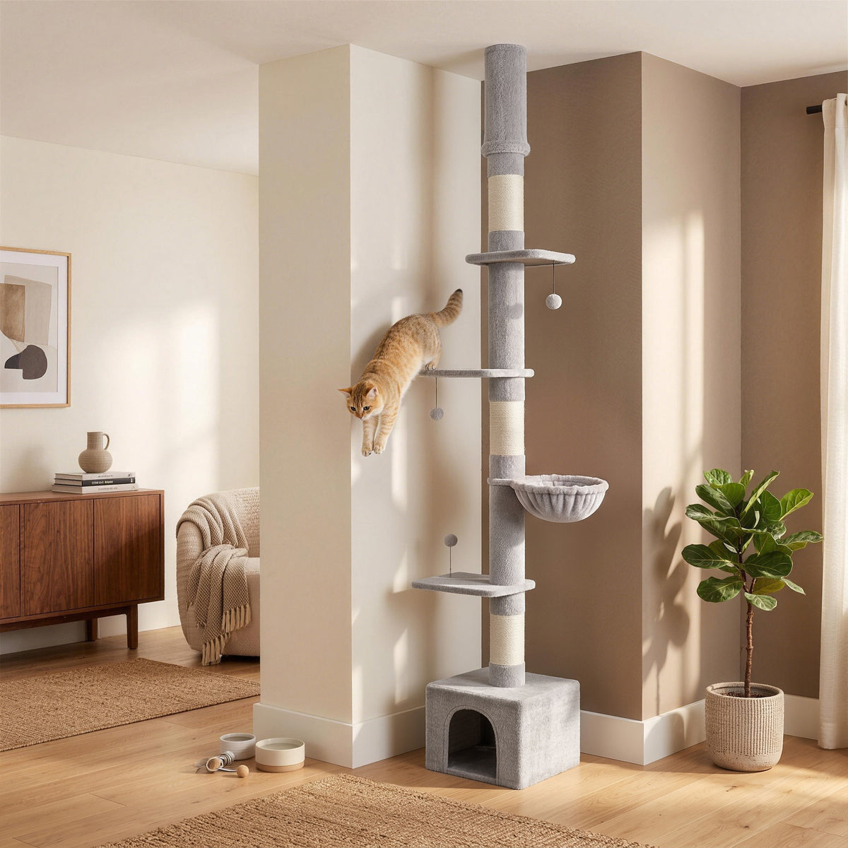 Light Grey Floor-to-Ceiling Cat Tree | Adjustable 230-250 cm Cat Tower with 6 Levels, Scratching Posts, Hammock, Condo & Toy Balls | Up to 5 kg