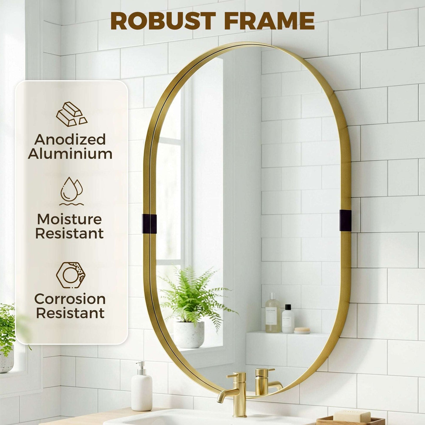 Rectangular Wall Mirror | Elevated 4cm Aluminium Alloy Frame | Shatterproof Tempered Glass | Moisture-Resistant Anodised Finish | MDF Backing | 60x90cm | Gold Tone