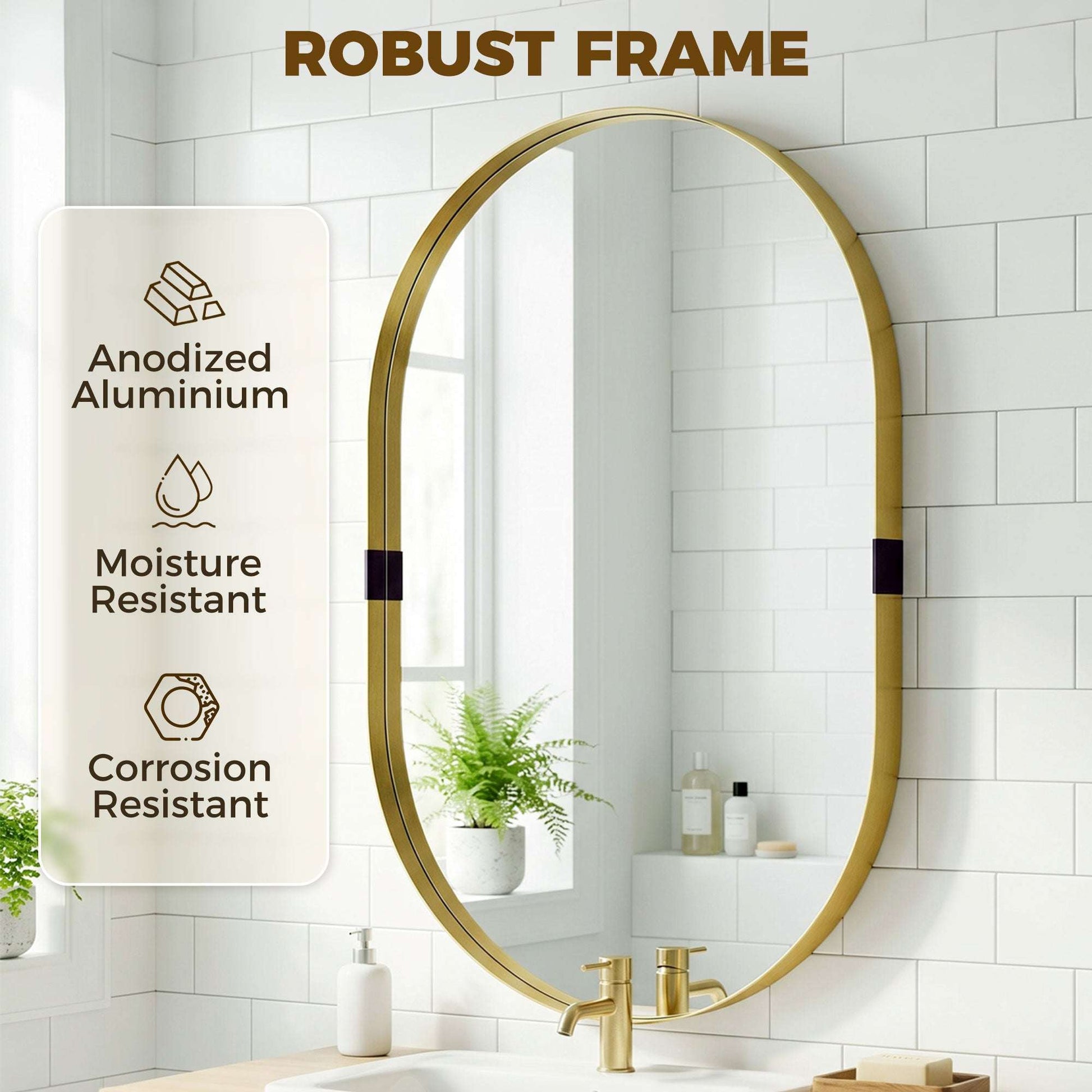 Rectangular Wall Mirror | Elevated 4cm Aluminium Alloy Frame | Shatterproof Tempered Glass | Moisture-Resistant Anodised Finish | MDF Backing | 60x90cm | Gold Tone