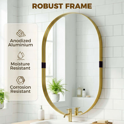 Rectangular Wall Mirror | Elevated 4cm Aluminium Alloy Frame | Shatterproof Tempered Glass | Moisture-Resistant Anodised Finish | MDF Backing | 60x90cm | Gold Tone