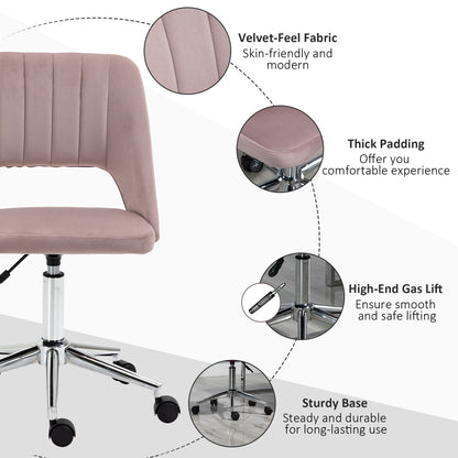 Armless Velvet-Feel Office Chair | Sponge Padded Seat & Back | 360° Swivel | 5 Wheels | Height Adjustable 46-58cm | 120kg | Bedroom Home Office Study | Pink