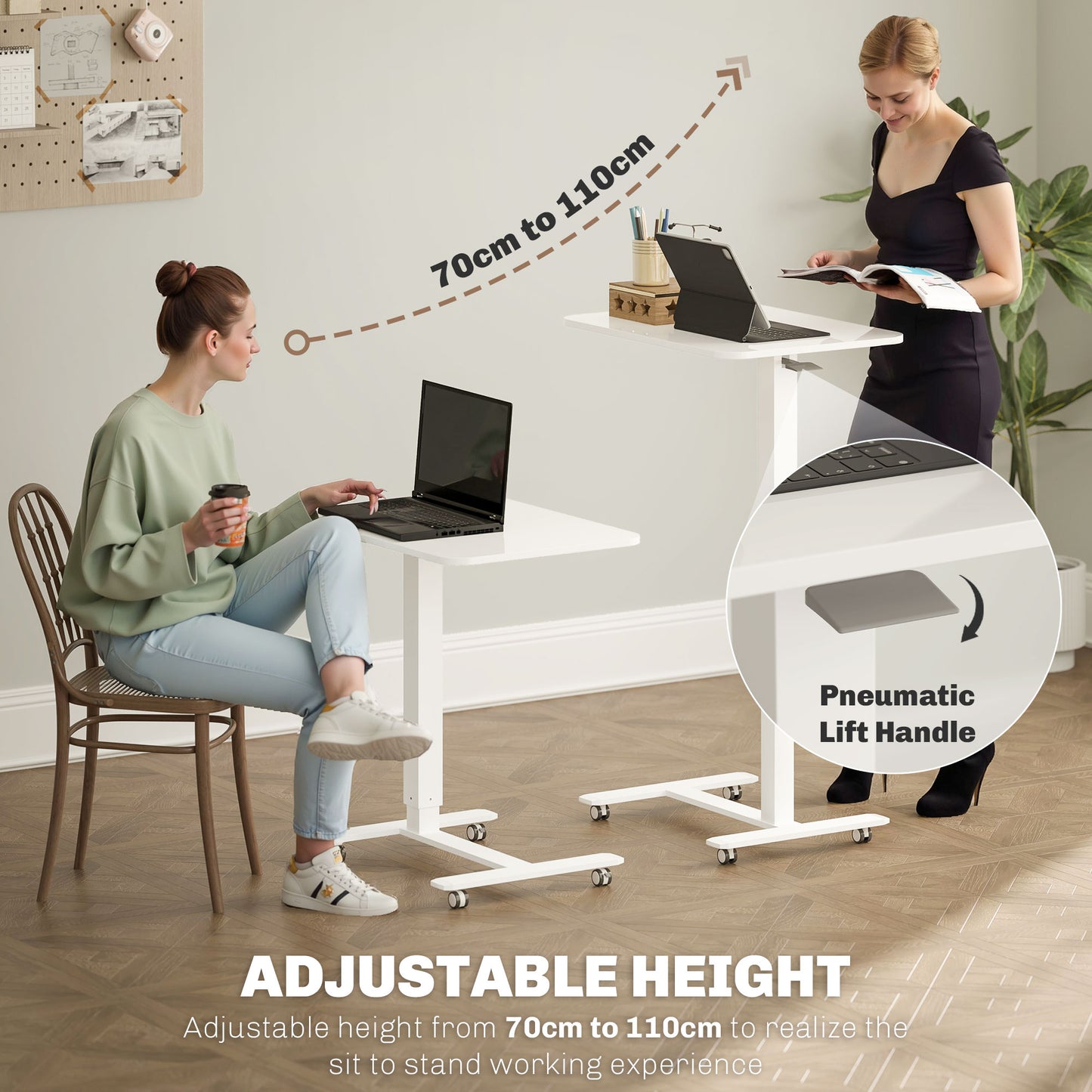 Height Adjustable Standing Desk, Pneumatic Sit Stand Desk for Laptop, Mobile Overbed Table with Wheels for Home Office, White