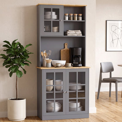 Kitchen Pantry Storage Cabinet | Grey & Oak Buffet Hutch with 3 Cabinets, Adjustable Shelf, 2 Open Shelves & Countertop | 80 x 37 x 183 cm