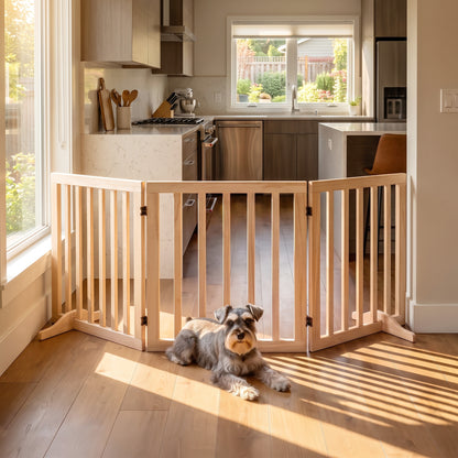 3-Panel Freestanding Wooden Dog Gate | Adjusts 30–140cm | 360° Hinges | Solid Pine Wood | No Drill | Support Feet | 47mm Bar Gap | Small Dogs Under 10kg | Natural Wood Finish | 150x36x61cm | No Assembly