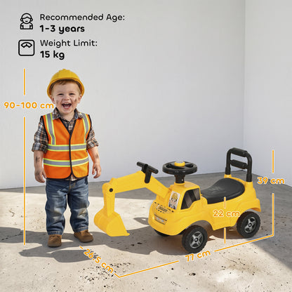 Kids Ride On Excavator Digger Toy | 33cm Manual Digger Arm & Separate Bucket | Forward Backward & Turning | Horn Steering Wheel & Air Horn | Under-Seat Storage | PP Body | 15kg Max | 77x26.5x39cm | Ages 1–3 | Yellow
