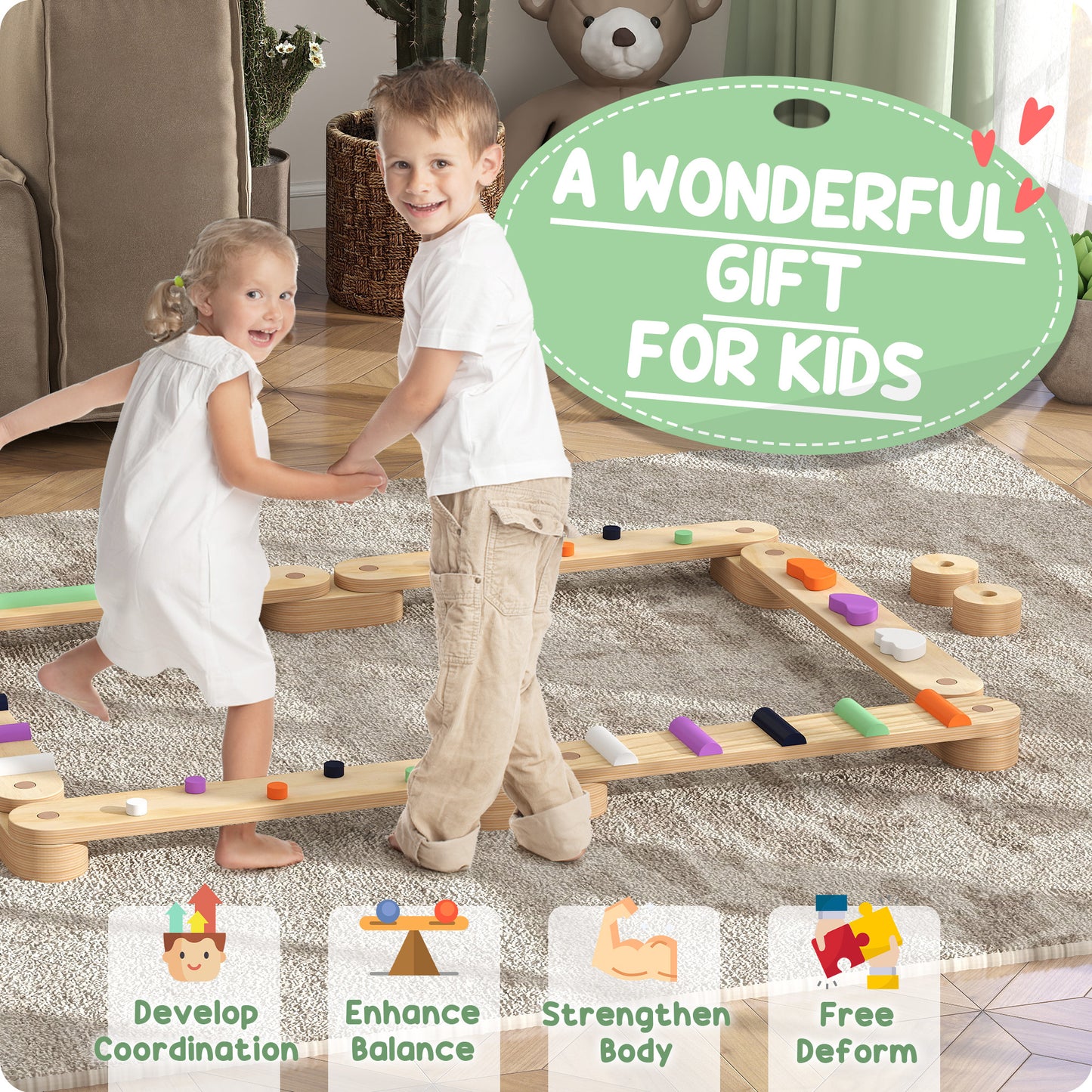 AIYAPLAY Natural Toys Wooden Balance Beam for Kids Build Coordination Agility and Strength