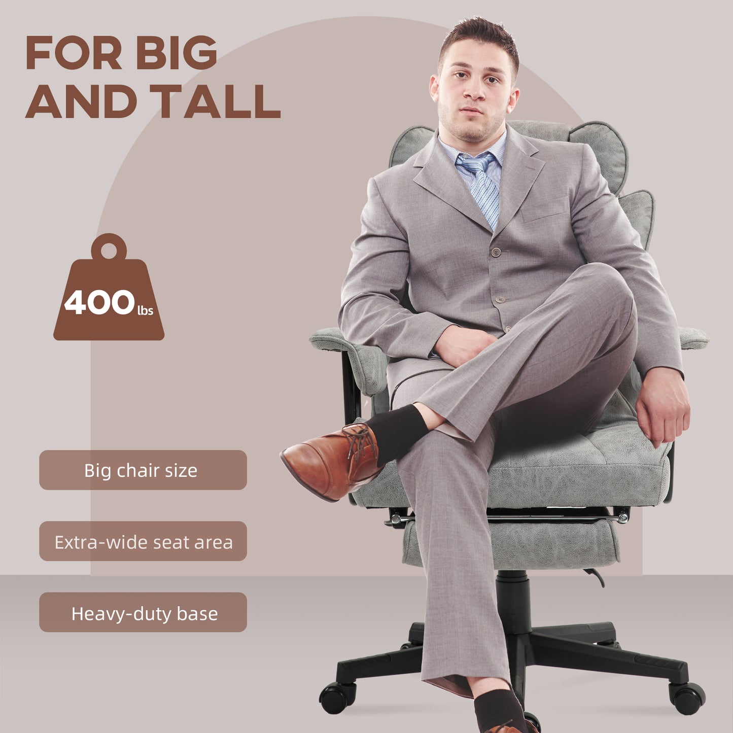 Executive Office Chair, Ergonomic Desk Chair with Foot Rest, Lumbar Support, Reclining Function and Wide Seat, Grey