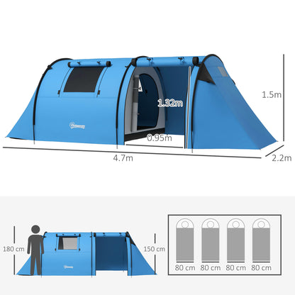 Outsunny 3000mm Waterproof Camping Tent, 3-4 Man Family Tent with Bedroom and Living Room, Portable with Bag, Sky Blue