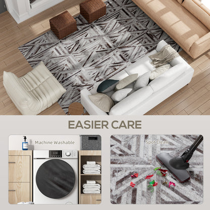 Modern Chenille Area Rug | Faux Leather Patchwork Print | Machine Washable | Non-Slip | Foldable | 290x200cm | Brown | Living Room Bedroom Dining Room Home Office