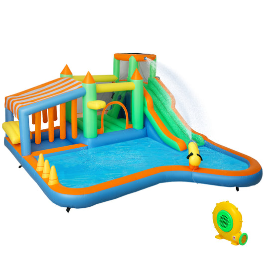 8 in 1 Inflatable Bounce House Bouncy Castle with 680W Blower, Slide, 2 Pools, Basketball Hoop, Climbing Wall, Water Gun, Ring Toss
