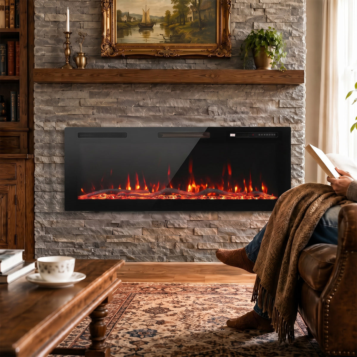 127cm Slim Electric Fireplace | Wall Mounted, Recessed or Freestanding | 900/1800W, 12 Flame Colours, Remote, ECO & 7-Day Timer | Black