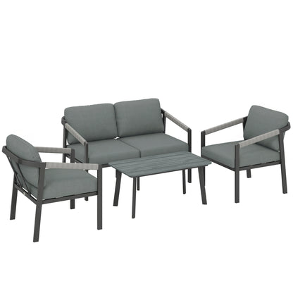 4-Seater Aluminium Garden Furniture Set | Loveseat, 2 Armchairs & Slatted Table | 10cm Cushions | Black