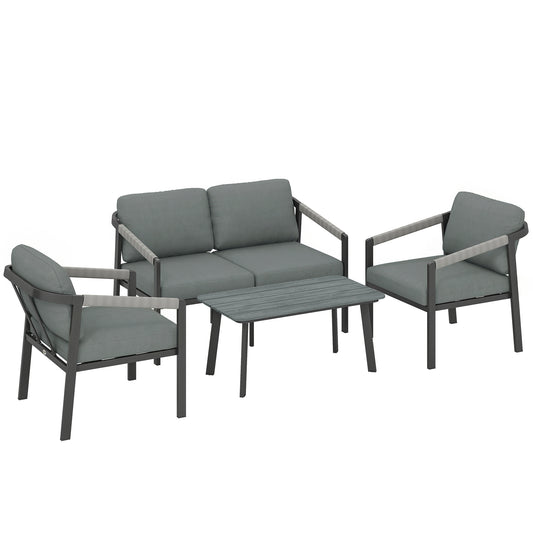 4-Seater Aluminium Garden Furniture Set | Loveseat, 2 Armchairs & Slatted Table | 10cm Cushions | Black