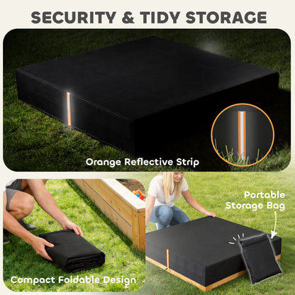 Sandpit Cover Waterproof & UV Protection – 420D Oxford Cloth, Dual Drawstring & Elastic Fix, Reflective Strips, Fits 123–127cm Sandpits, Storage Bag Included – Black