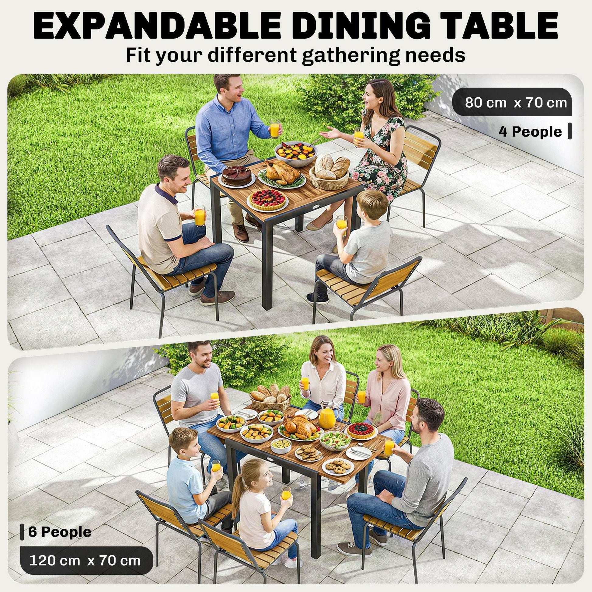 Expandable Acacia Wood Garden Dining Table | Black Powder-Coated Steel Frame | Extends 80-120cm | Adjustable Foot Pads | 50kg Capacity | No Assembly Required | 120x70x75cm | Natural & Black
