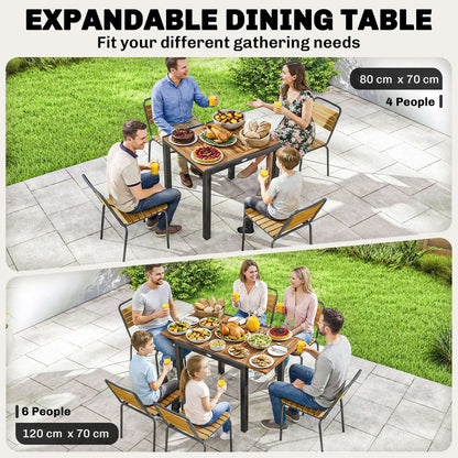 Expandable Acacia Wood Garden Dining Table | Black Powder-Coated Steel Frame | Extends 80-120cm | Adjustable Foot Pads | 50kg Capacity | No Assembly Required | 120x70x75cm | Natural & Black