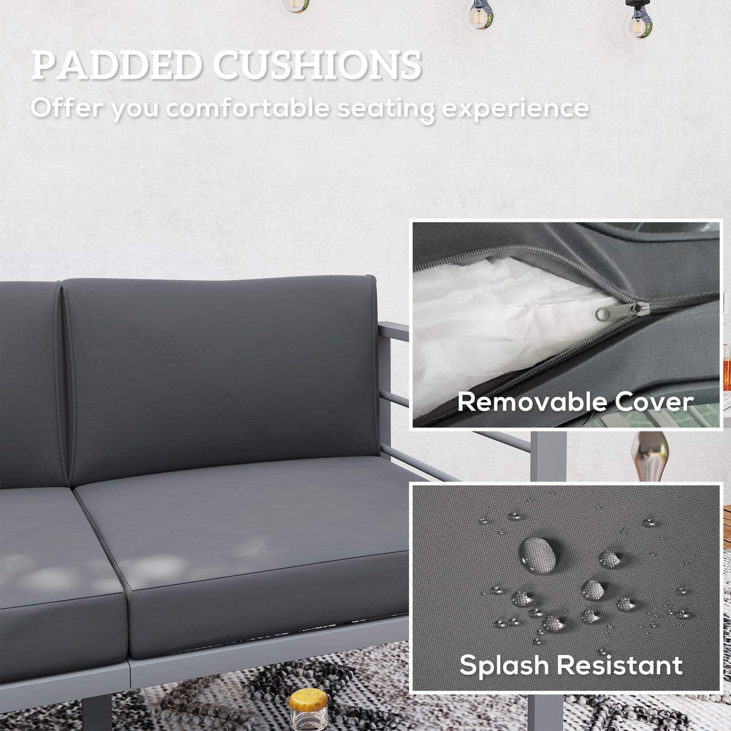 4-Piece Aluminium Garden Sofa Set | Thick Cushions | Loveseat, 2 Armchairs & Table | Charcoal Grey