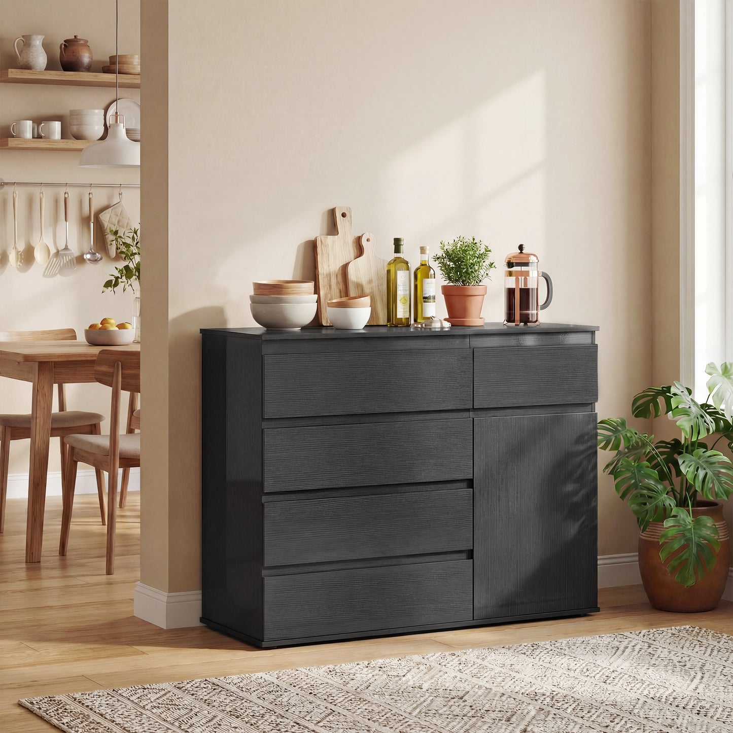 Modern Sideboard, Sideboard Storage Cabinet with 5 Drawers, Adjustable Shelf, Soft-Close Door, Black / White