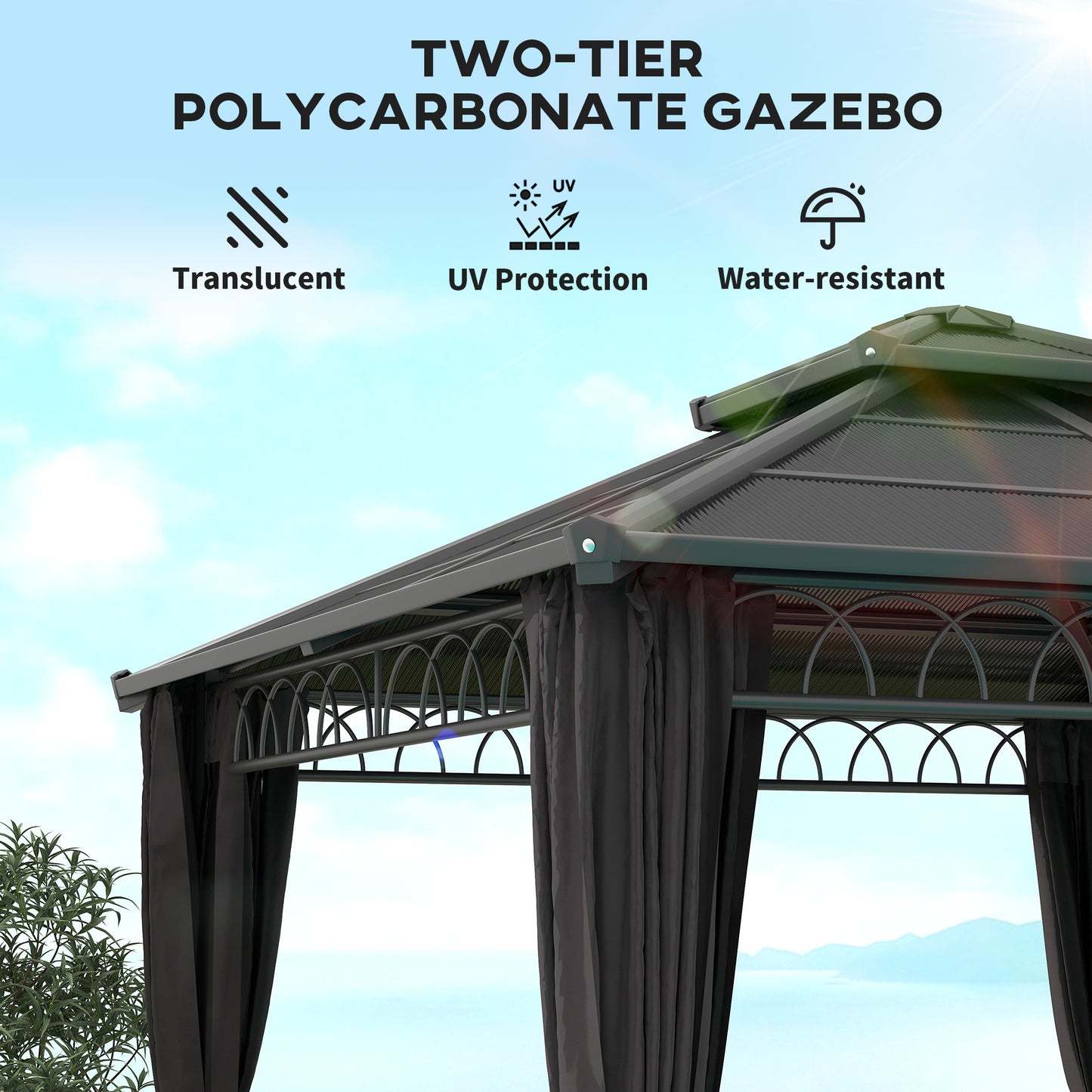 3 x 3 (m) Outdoor Polycarbonate Gazebo, Double Roof Hard Top Gazebo with Galvanised Steel Frame & Curtains for Garden, Lawn, Patio and Deck