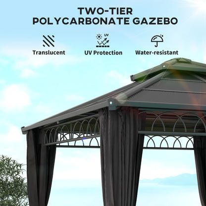 3 x 3 (m) Outdoor Polycarbonate Gazebo, Double Roof Hard Top Gazebo with Galvanised Steel Frame & Curtains for Garden, Lawn, Patio and Deck