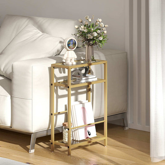 3-Tier Side Table, Narrow End Table with Storage Shelf and Tempered Glass Tabletop for Small Spaces, Bedroom, Living Room, Entryway