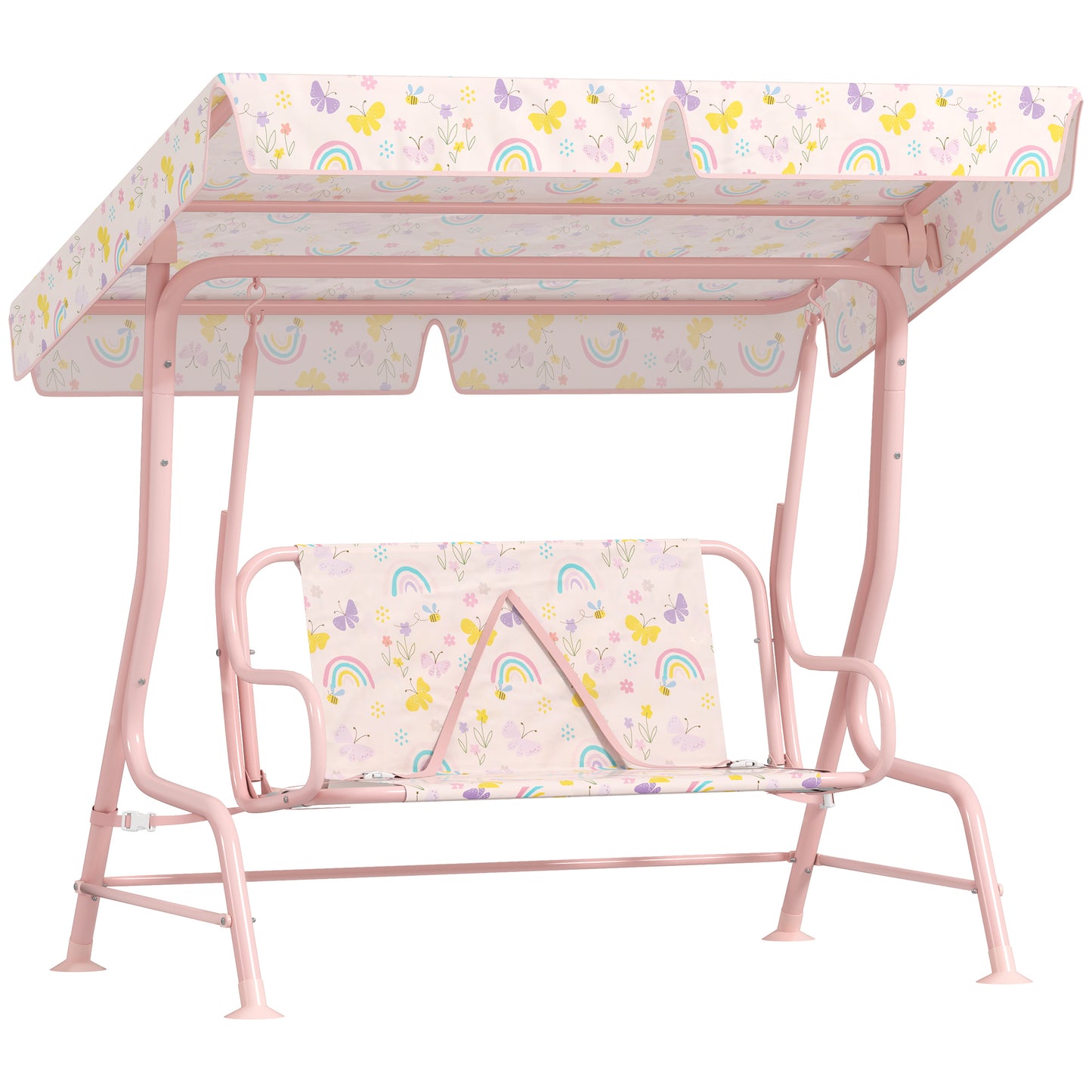 AIYAPLAY Kids Garden Swing Chair with Adjustable Canopy, Safety Belt, 2 Seater Hammock Swing Bench for Patio, Porch, Green / Pink