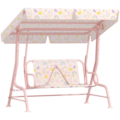 AIYAPLAY Kids Garden Swing Chair with Adjustable Canopy, Safety Belt, 2 Seater Hammock Swing Bench for Patio, Porch, Green / Pink