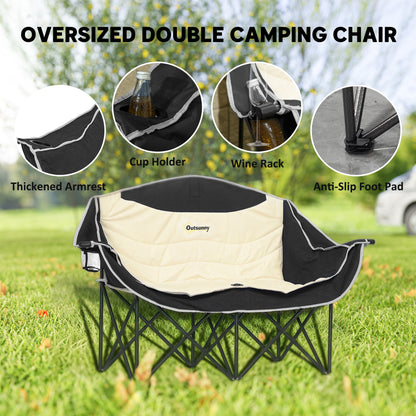 Double Camping Chair for Adults, Oversized Heavy Duty Padded Folding Chair with Armrests, Cup Holders and Carry Bag, 250kg Capacity