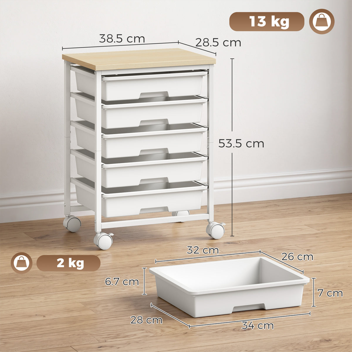 6-Tier Storage Trolley on Wheels | 5 Pull-Out Drawers | Rolling Kitchen Cart | White