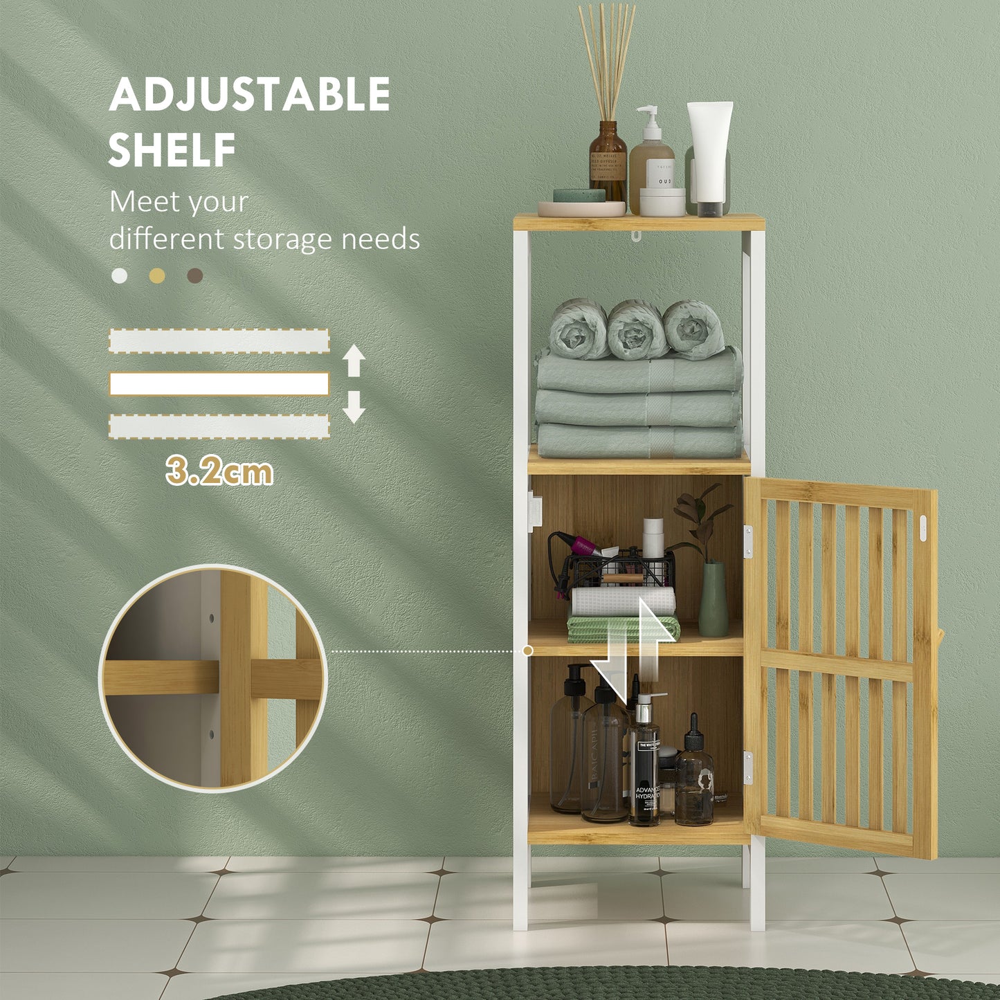 Bamboo-Blend Retro Vintage Style Cut-Out Bathroom Storage Unit, with Cupboard