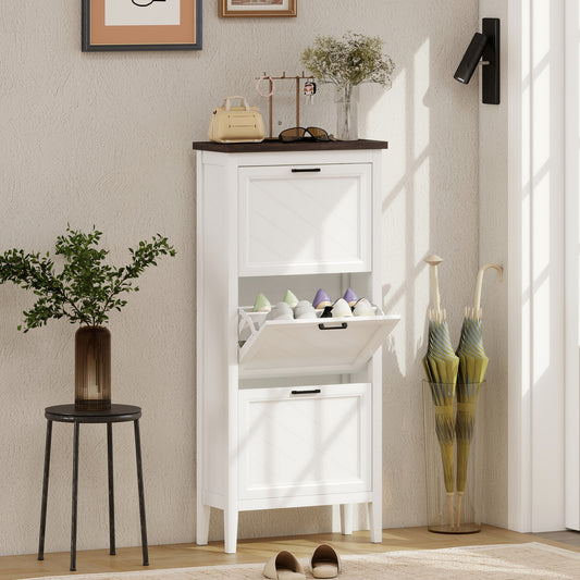 Farmhouse Narrow Shoe Cabinet | 3 Flip Drawers | Adjustable Shelves | 12-18 Pairs | Slim 26.5cm Depth | Max UK 9.5 | Anti-Tipping | MDF | 60x26.5x133.7cm | White