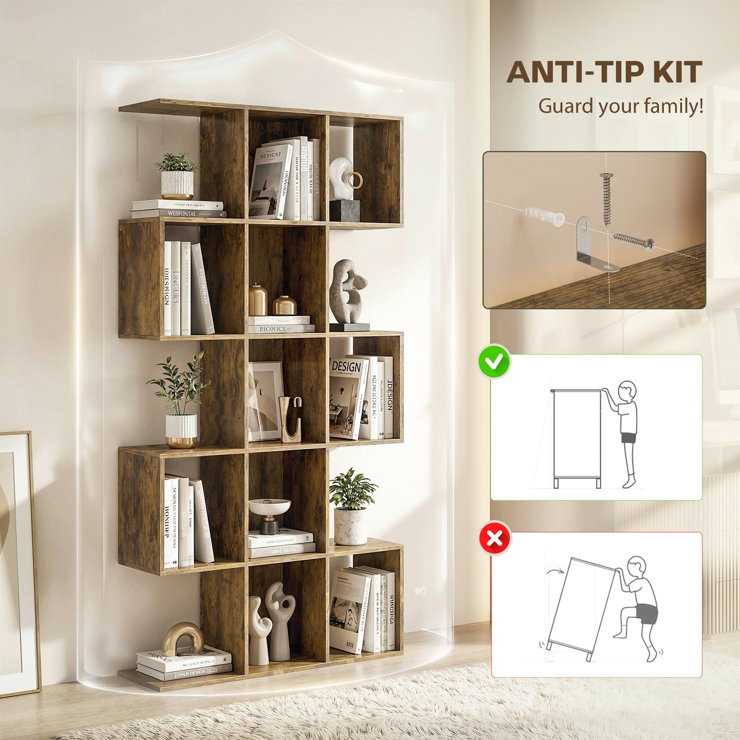 5-Tier S-Shaped Bookcase | 15 Compartments | Rustic Brown | 80 x 157.5 cm