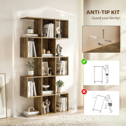 5-Tier S-Shaped Bookcase | 15 Compartments | Rustic Brown | 80 x 157.5 cm