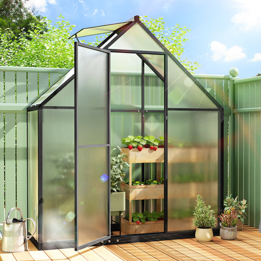 Outsunny Polycarbonate Greenhouse with Swing Door and Adjustable Window, Walk-in Greenhouse, 5.5 x 6.5ft, Black