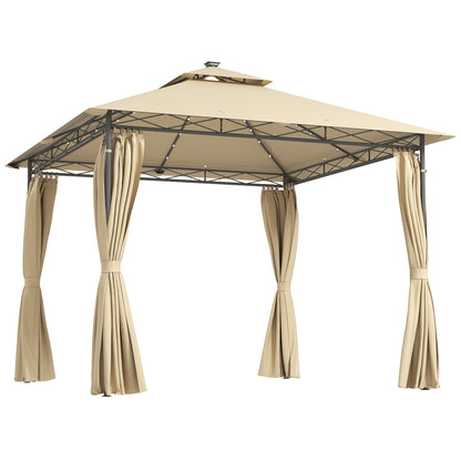 3 x 3 m Garden Gazebo, Double Roof Metal Gazebo with Curtains and Solar-Powered LED Lights, Outdoor Gazebo Canopy Shelter for Patio, Deck