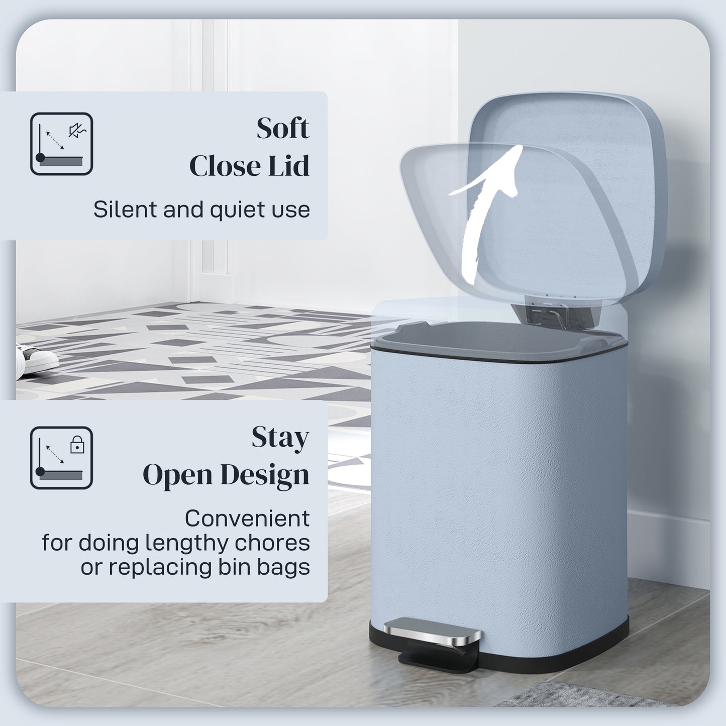 12L Modern Boxy Metal Home Kitchen Bin - Light Blue