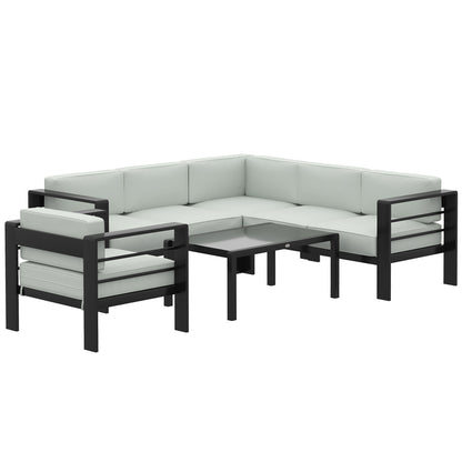 5-Piece 6-Seater Aluminium Garden Corner Sofa Set | Modular Layout | 13cm Cushions | Tempered Glass Table | 260kg | Light Grey