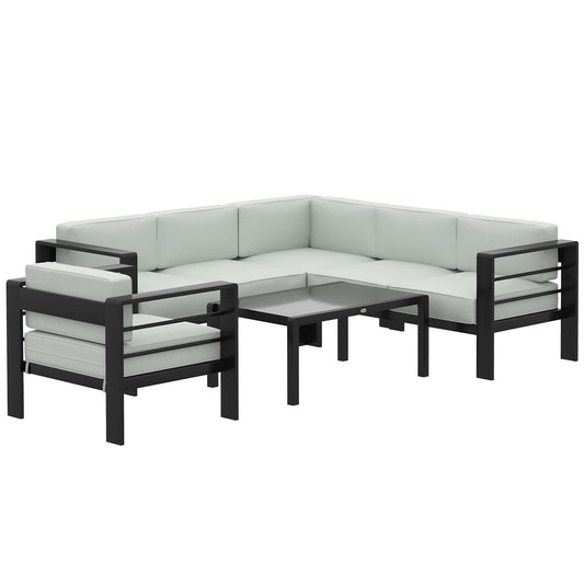 5-Piece 6-Seater Aluminium Garden Corner Sofa Set | Modular Layout | 13cm Cushions | Tempered Glass Table | 260kg | Light Grey